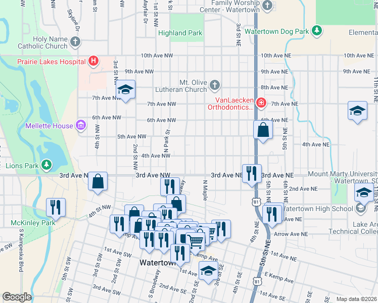 map of restaurants, bars, coffee shops, grocery stores, and more near 301-399 N Broadway in Watertown