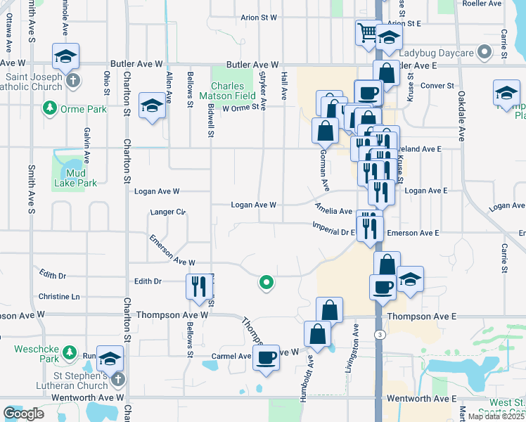 map of restaurants, bars, coffee shops, grocery stores, and more near 44 Imperial Drive West in Saint Paul