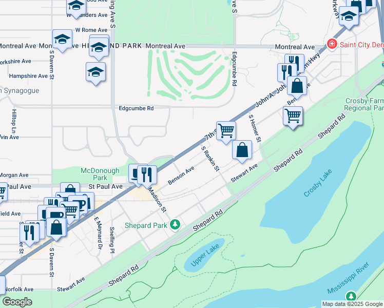 map of restaurants, bars, coffee shops, grocery stores, and more near 2211 Benson Avenue in Saint Paul