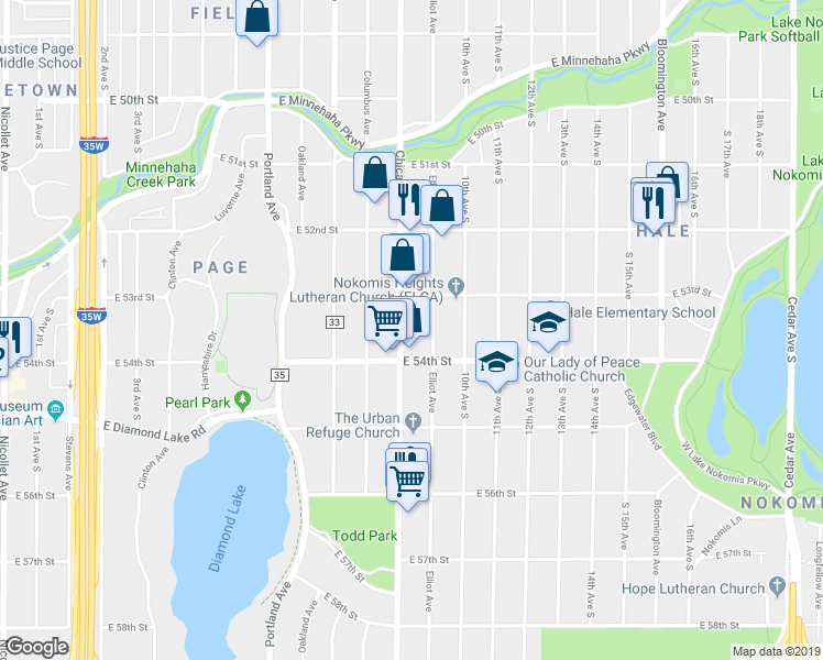 map of restaurants, bars, coffee shops, grocery stores, and more near 5347 Chicago Avenue in Minneapolis