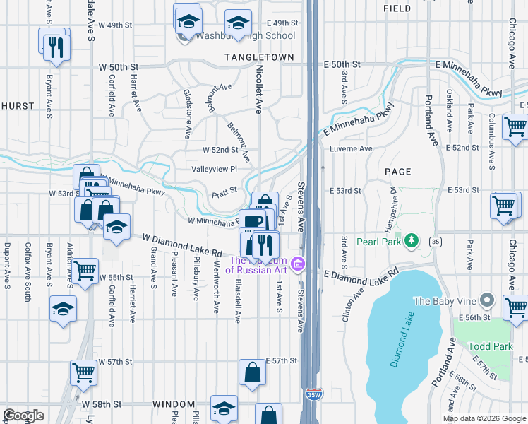 map of restaurants, bars, coffee shops, grocery stores, and more near 5353 Nicollet Avenue in Minneapolis