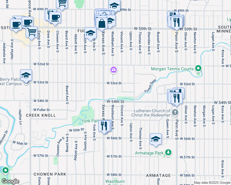 map of restaurants, bars, coffee shops, grocery stores, and more near 2901 Brookwood Terrace in Minneapolis