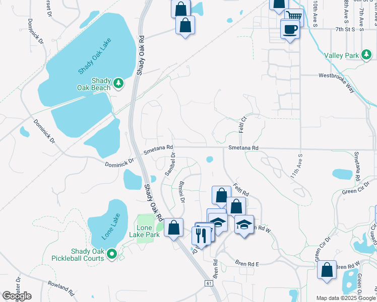 map of restaurants, bars, coffee shops, grocery stores, and more near 5402 Pompano Drive in Hopkins