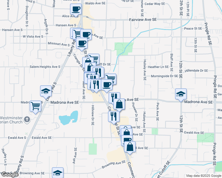 map of restaurants, bars, coffee shops, grocery stores, and more near 3450 Commercial Street Southeast in Salem