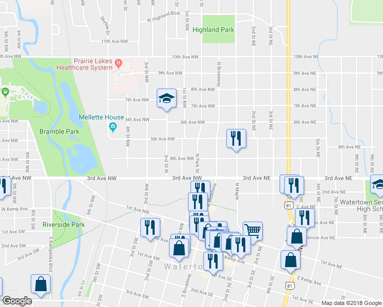 map of restaurants, bars, coffee shops, grocery stores, and more near 57 4th Avenue Northwest in Watertown