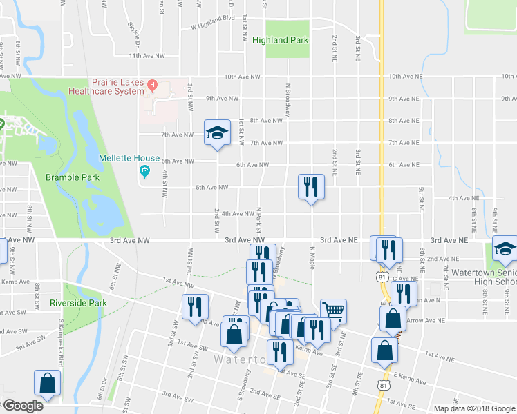 map of restaurants, bars, coffee shops, grocery stores, and more near 425 North Park Street in Watertown