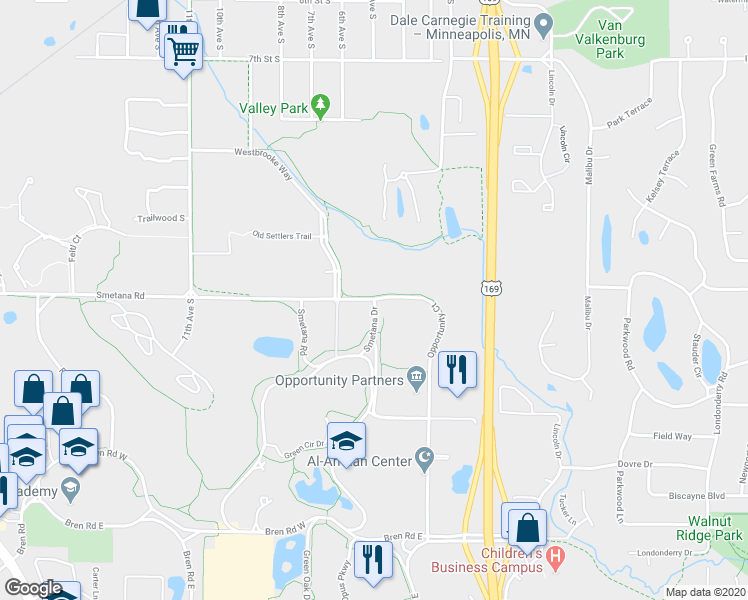 map of restaurants, bars, coffee shops, grocery stores, and more near 5601 Smetana Road in Minnetonka
