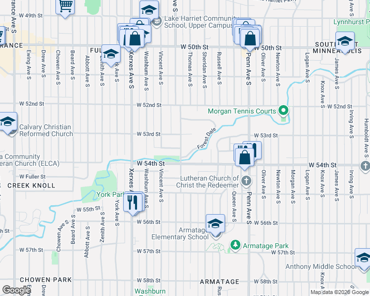 map of restaurants, bars, coffee shops, grocery stores, and more near 2608 Cromwell Court in Minneapolis