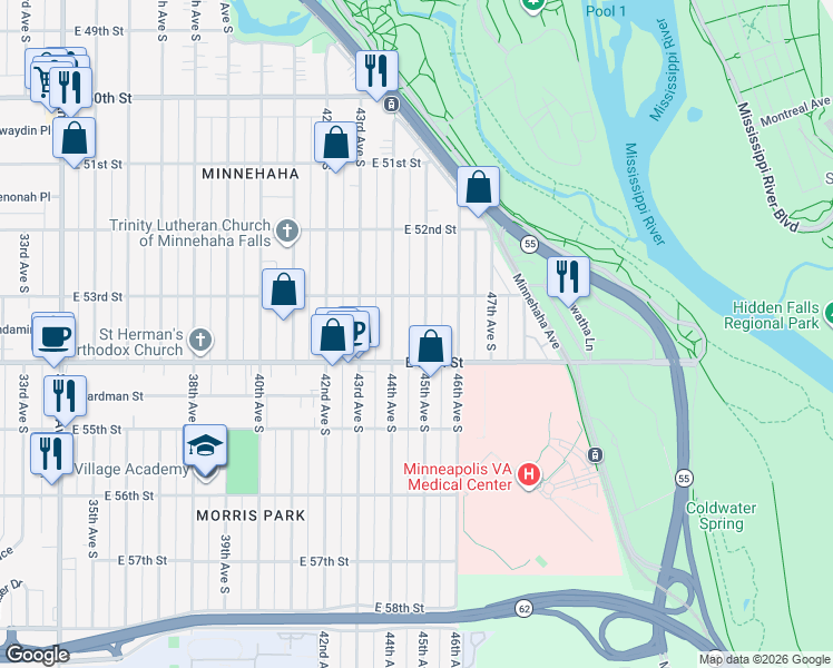 map of restaurants, bars, coffee shops, grocery stores, and more near 5357 45th Avenue South in Minneapolis