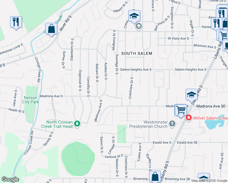 map of restaurants, bars, coffee shops, grocery stores, and more near 1140 Chandler Drive South in Salem