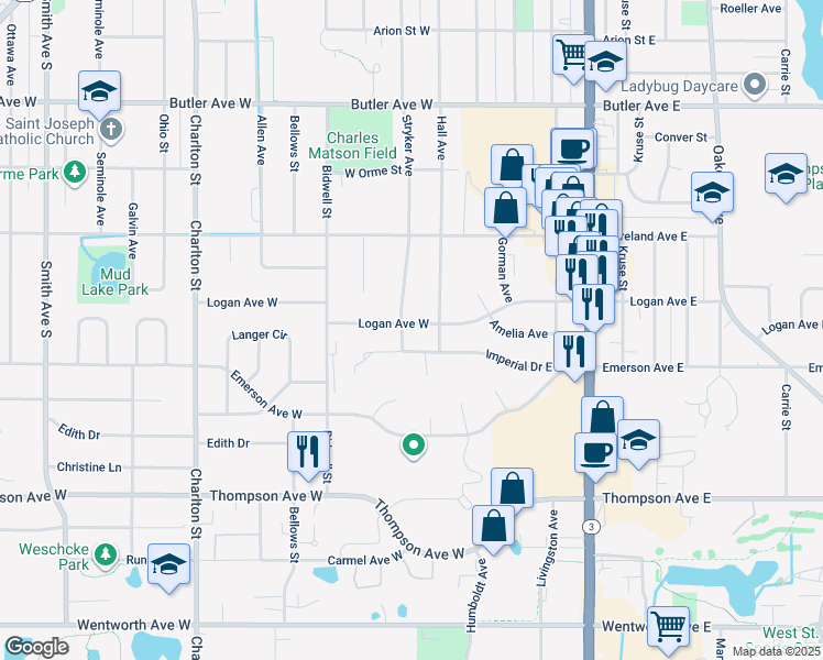 map of restaurants, bars, coffee shops, grocery stores, and more near 44 Imperial Drive West in Saint Paul