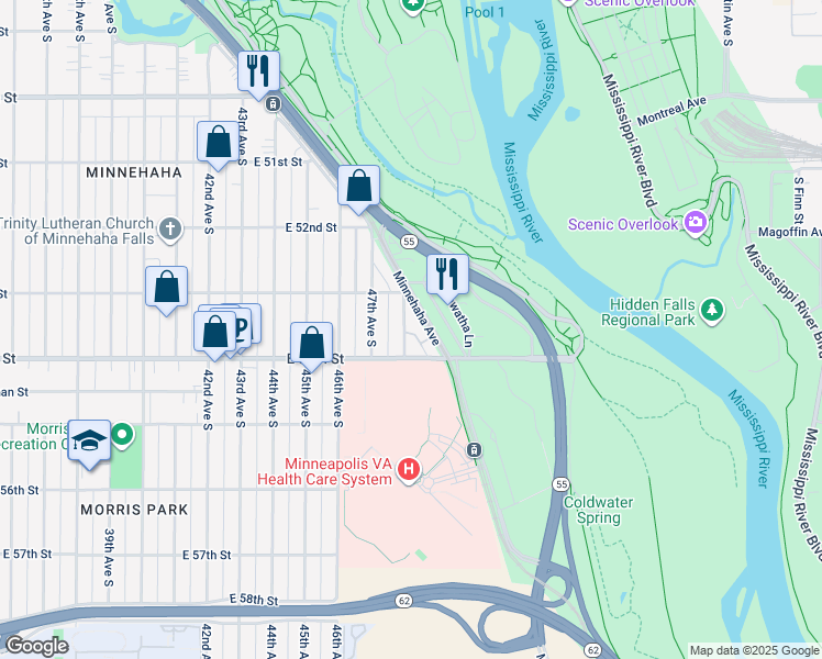 map of restaurants, bars, coffee shops, grocery stores, and more near 5329 48th Avenue South in Minneapolis