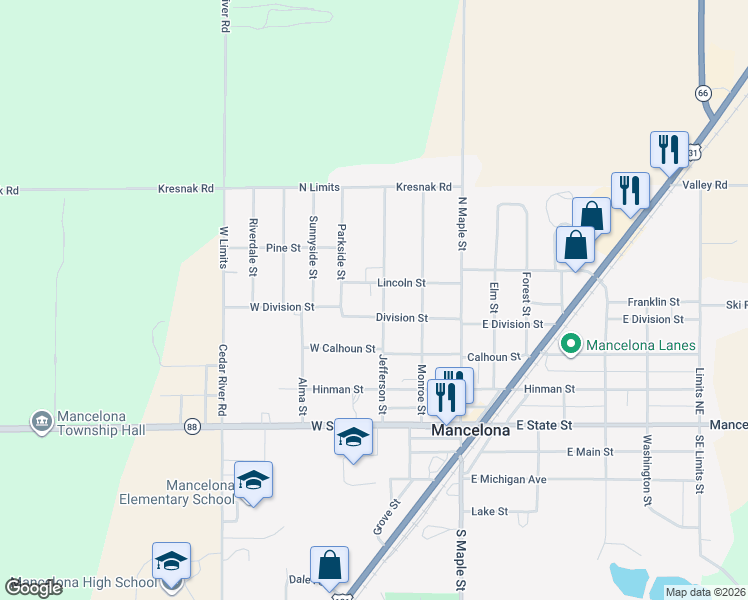 map of restaurants, bars, coffee shops, grocery stores, and more near 309 Jefferson St in Mancelona