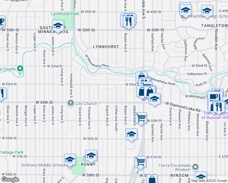 map of restaurants, bars, coffee shops, grocery stores, and more near 5336 Colfax Avenue South in Minneapolis