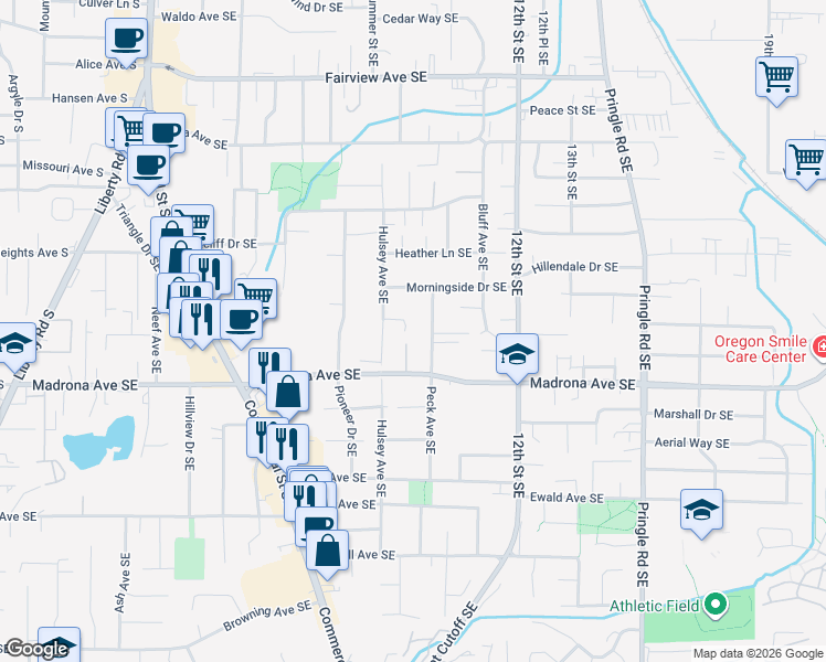 map of restaurants, bars, coffee shops, grocery stores, and more near 965 Hulsey Court Southeast in Salem