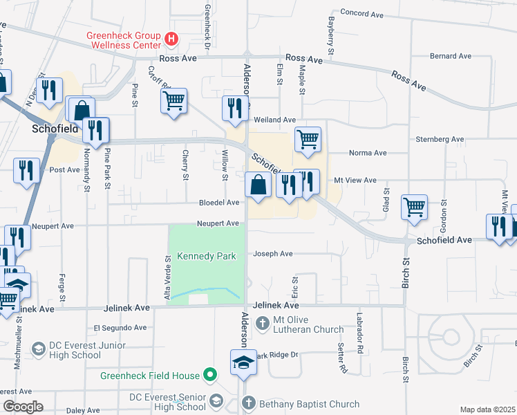 map of restaurants, bars, coffee shops, grocery stores, and more near 2707 Schofield Avenue in Schofield