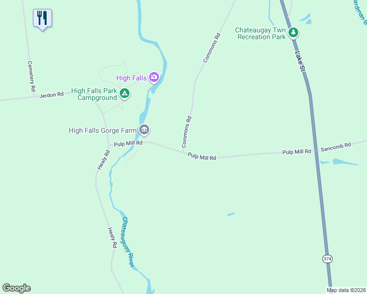 map of restaurants, bars, coffee shops, grocery stores, and more near Commons Road in Chateaugay