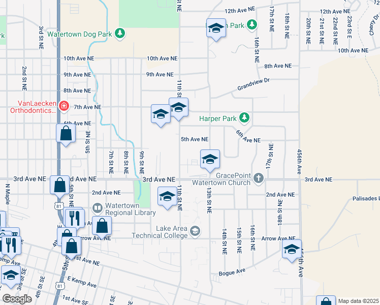 map of restaurants, bars, coffee shops, grocery stores, and more near 400 11th Street Northeast in Watertown