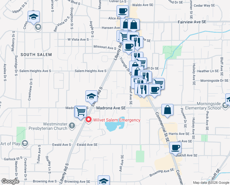 map of restaurants, bars, coffee shops, grocery stores, and more near 3382 Crawford Street Southeast in Salem