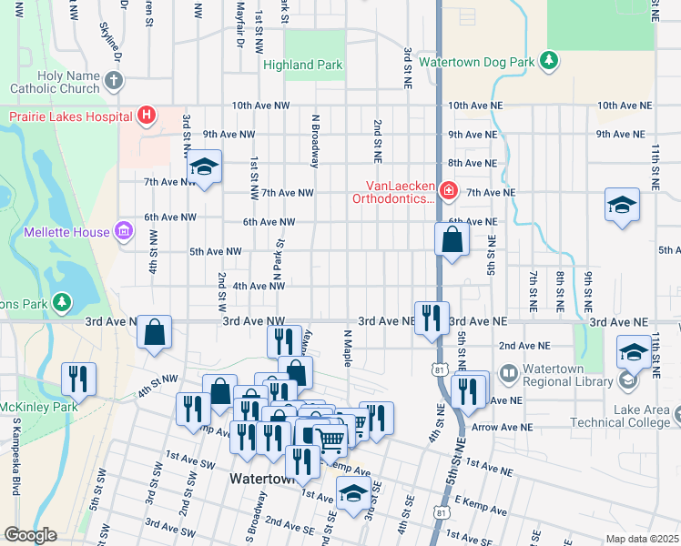 map of restaurants, bars, coffee shops, grocery stores, and more near 409 North Maple in Watertown