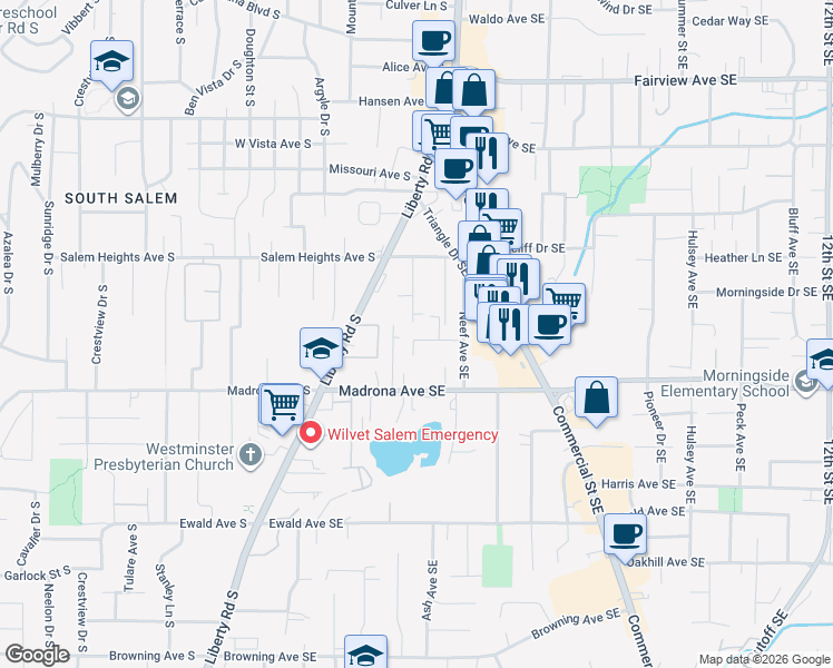 map of restaurants, bars, coffee shops, grocery stores, and more near 3382 Crawford Street Southeast in Salem