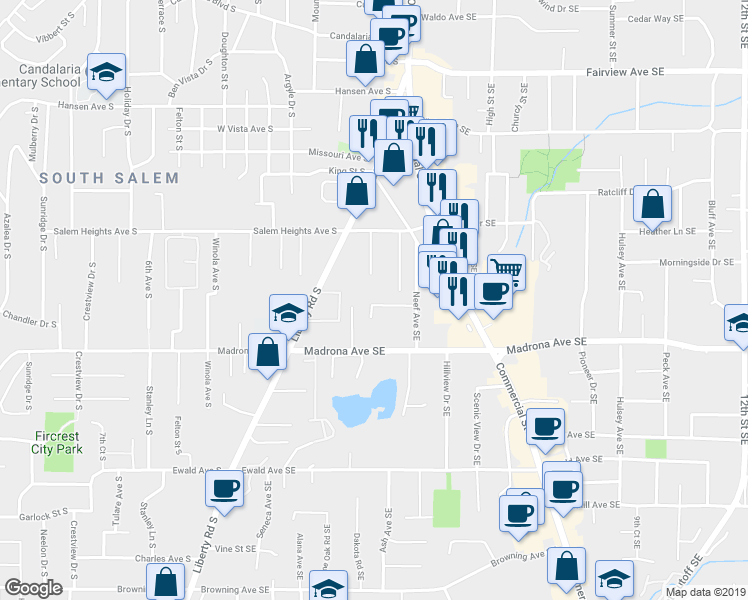 map of restaurants, bars, coffee shops, grocery stores, and more near 3382 Crawford Street Southeast in Salem