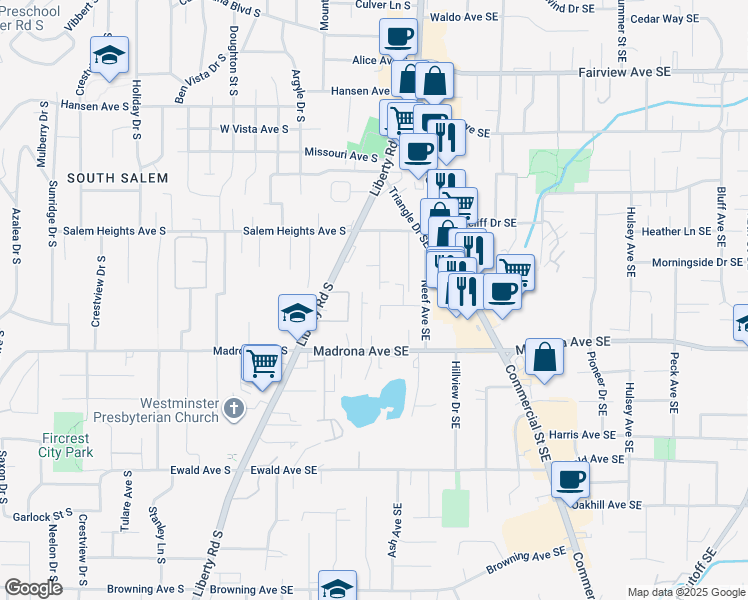 map of restaurants, bars, coffee shops, grocery stores, and more near 3382 Crawford Street Southeast in Salem