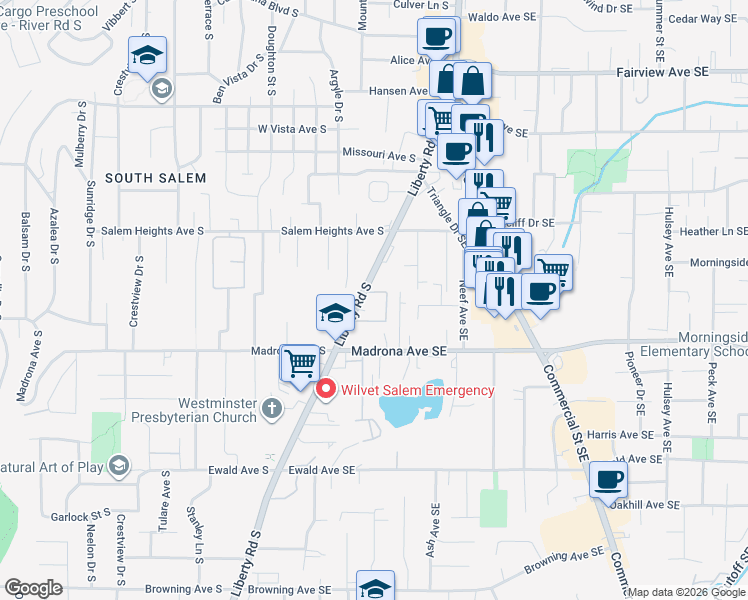 map of restaurants, bars, coffee shops, grocery stores, and more near 3300 Liberty Road South in Salem