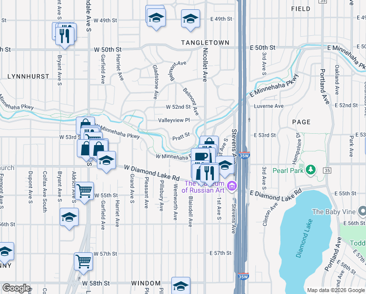 map of restaurants, bars, coffee shops, grocery stores, and more near 120 Pratt Street in Minneapolis