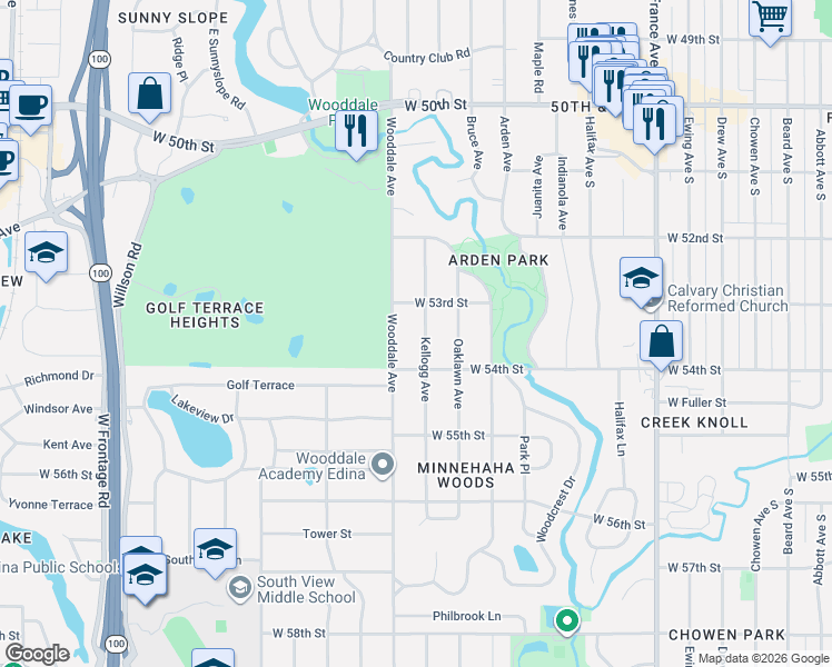 map of restaurants, bars, coffee shops, grocery stores, and more near 5301 Wooddale Avenue in Minneapolis