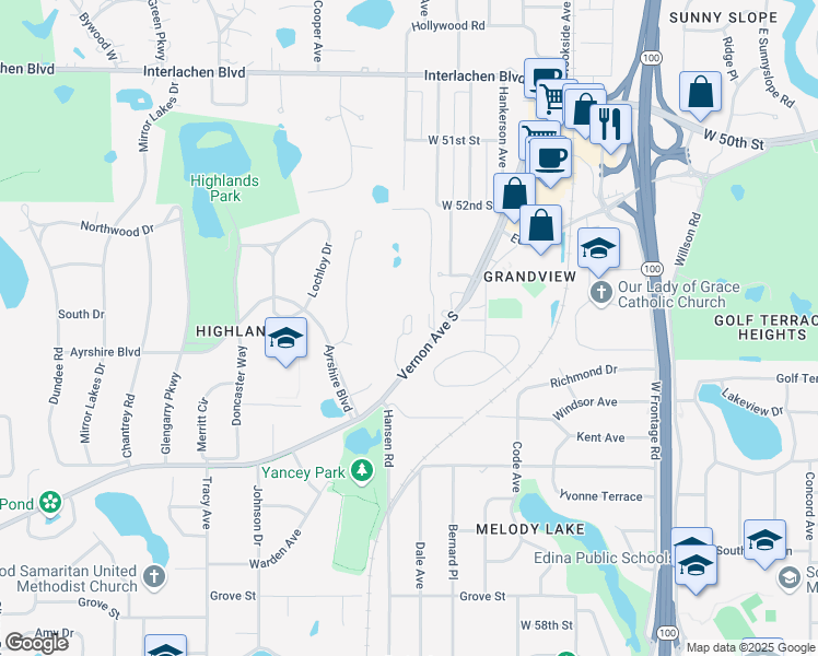 map of restaurants, bars, coffee shops, grocery stores, and more near 5400 Vernon Avenue South in Minneapolis