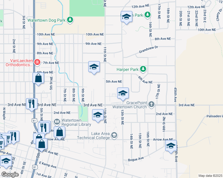 map of restaurants, bars, coffee shops, grocery stores, and more near 1208 5th Avenue Northeast in Watertown