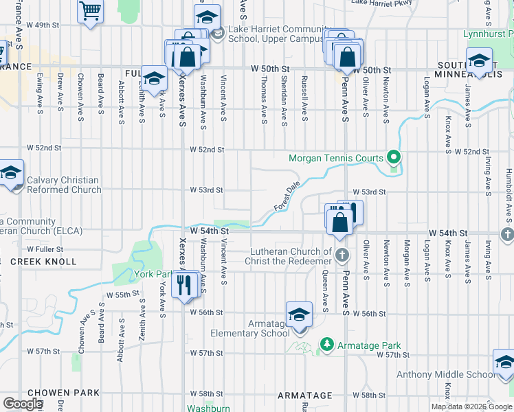 map of restaurants, bars, coffee shops, grocery stores, and more near 5 Red Cedar Lane in Minneapolis