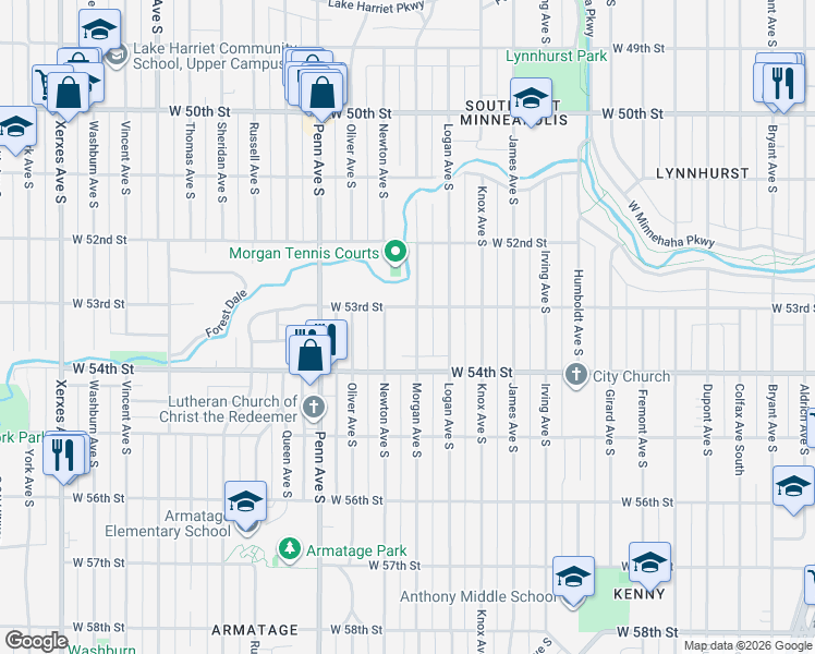 map of restaurants, bars, coffee shops, grocery stores, and more near 5245 Morgan Avenue South in Minneapolis