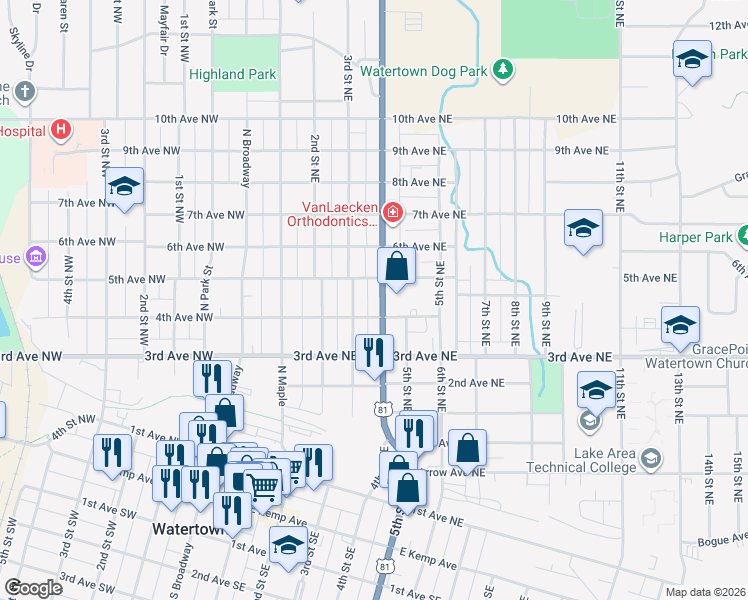 map of restaurants, bars, coffee shops, grocery stores, and more near 300-398 5th Avenue Northeast in Watertown