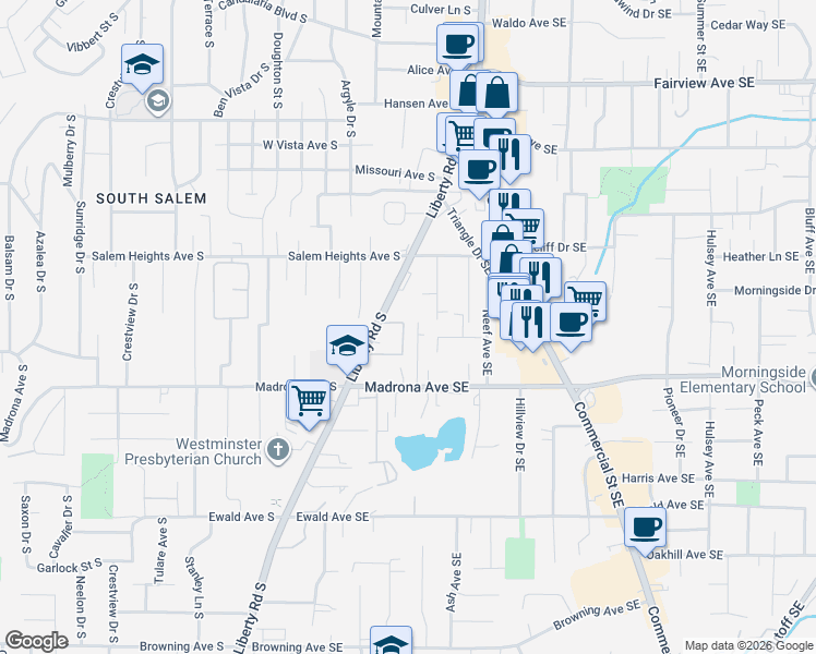 map of restaurants, bars, coffee shops, grocery stores, and more near 3300 Liberty Road South in Salem