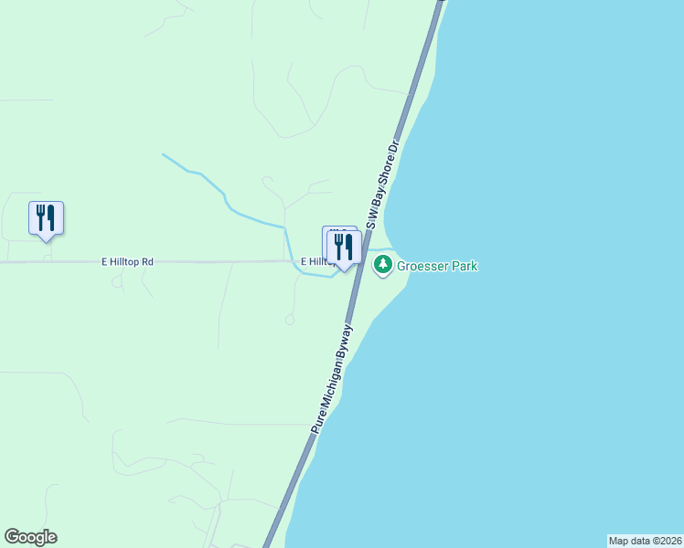 map of restaurants, bars, coffee shops, grocery stores, and more near 10861-10999 E Hilltop Rd in Suttons Bay