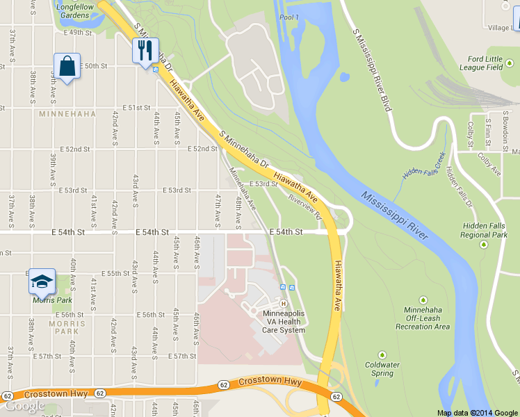 map of restaurants, bars, coffee shops, grocery stores, and more near 5319 Minnehaha Avenue in Minneapolis