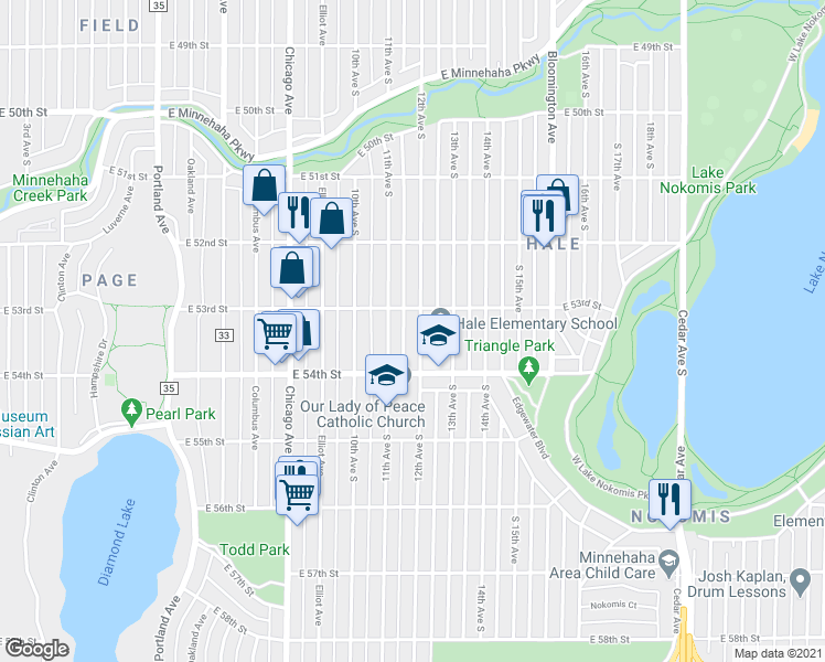 map of restaurants, bars, coffee shops, grocery stores, and more near 5316 12th Avenue South in Minneapolis