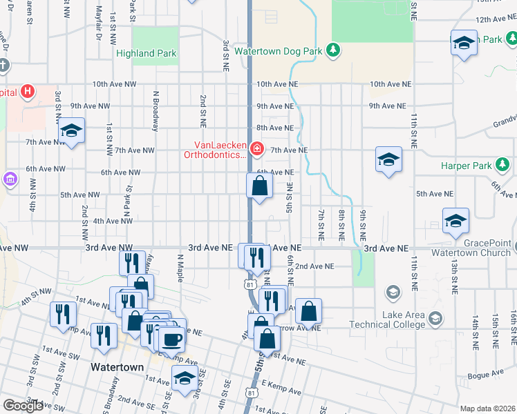 map of restaurants, bars, coffee shops, grocery stores, and more near 398 5th Ave NE in Watertown