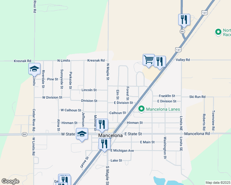 map of restaurants, bars, coffee shops, grocery stores, and more near 415-423 East Lincoln Street in Mancelona