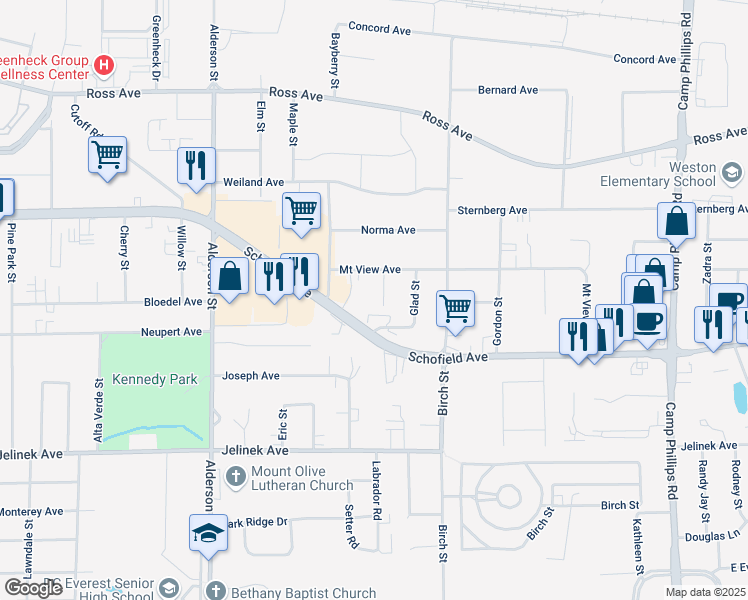 map of restaurants, bars, coffee shops, grocery stores, and more near 5506 Rose Street in Weston
