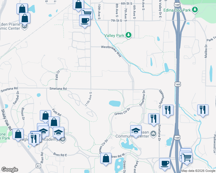 map of restaurants, bars, coffee shops, grocery stores, and more near 811 Smetana Road in Hopkins