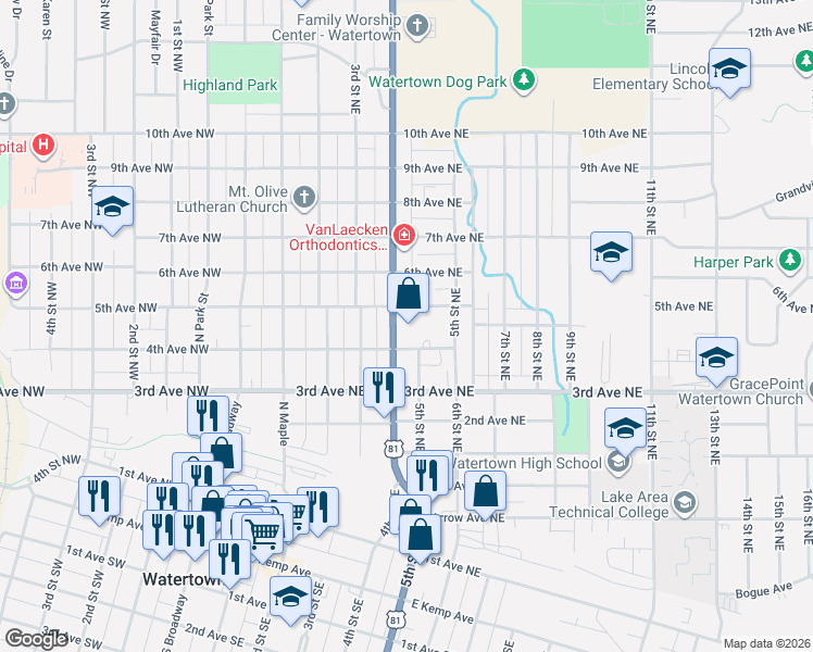 map of restaurants, bars, coffee shops, grocery stores, and more near 300-398 5th Avenue Northeast in Watertown