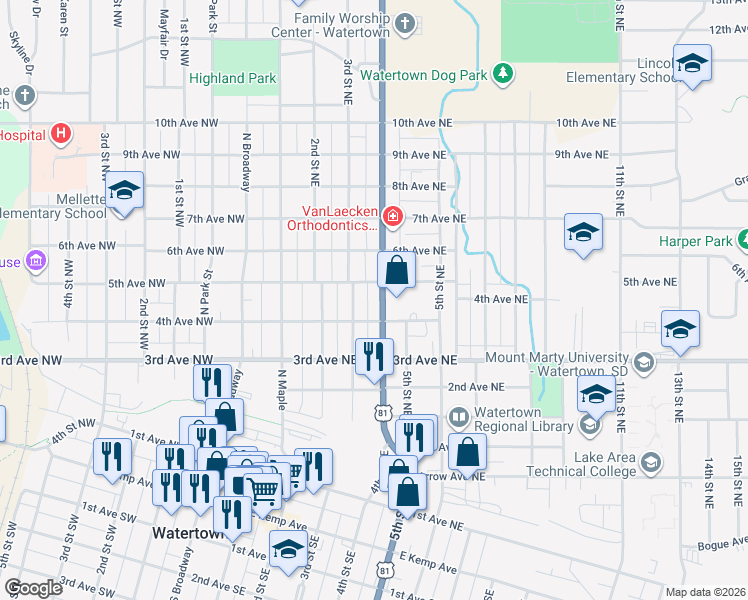 map of restaurants, bars, coffee shops, grocery stores, and more near 300-398 5th Avenue Northeast in Watertown