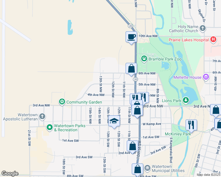 map of restaurants, bars, coffee shops, grocery stores, and more near 1201-1299 5th Avenue Northwest in Watertown