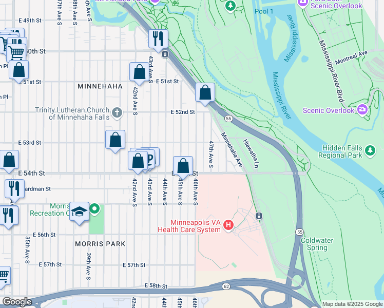 map of restaurants, bars, coffee shops, grocery stores, and more near 5305 45th Avenue South in Minneapolis