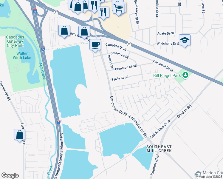 map of restaurants, bars, coffee shops, grocery stores, and more near 2200 Lancaster Drive Southeast in Salem
