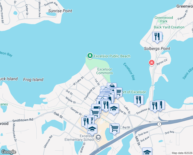 map of restaurants, bars, coffee shops, grocery stores, and more near 130 Lake Street in Excelsior
