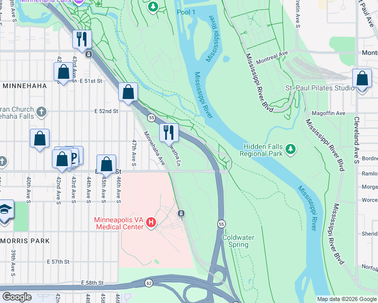 map of restaurants, bars, coffee shops, grocery stores, and more near 5335 Riverview Road in Minneapolis